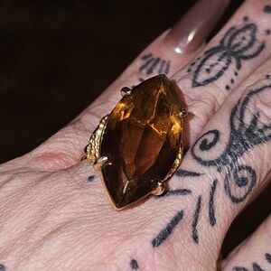 Sz 11 Elegant Marquis Brown Topaz Gold Tone Glass Ring